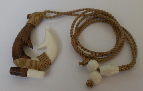 Hand Carved Koa Wood / White Bone Twin Fishtail Hook Necklace